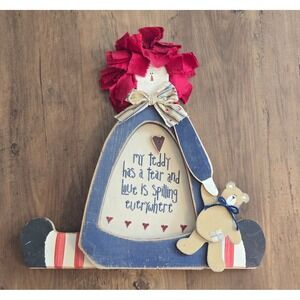 Primitive Wood Raggedy Ann Doll Shelf Sitter Teddy Bear Love Cross Stitch 12in